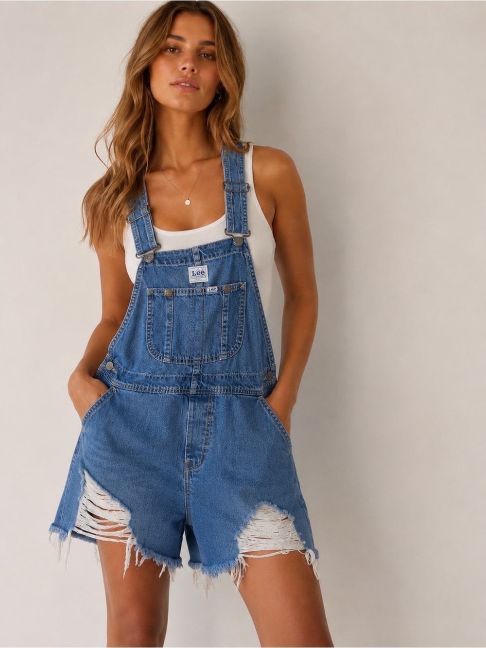 Lee Medium Wash Denim Shortalls Distressed Utility Relaxed Everyday Cottagecore